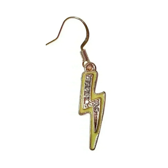New Artisan Gold & Yellow Enameled CZ Encrusted Lightning Bolt Dangling Earrings - Picture 2 of 3